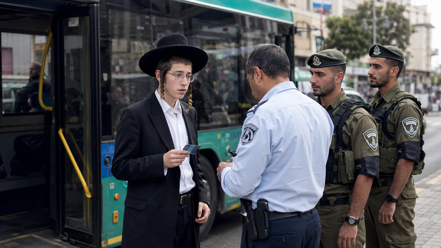 אילוסטרציה: בחור ישיבה לצד אוטובוס במהלך בדיקה שהובילה למעצרו