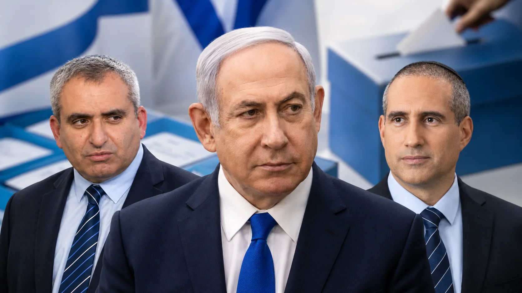 ראש הממשלה בנימין נתניהו במרכז, לצד חנוך מילביצקי וזאב אלקין, על רקע קלפי והצבעה בפריימריז