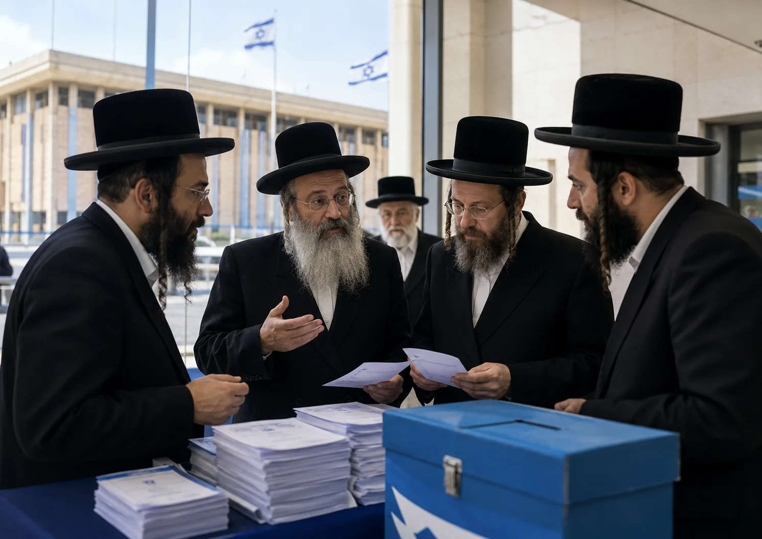 חרדים לצד תיבת קלפי על רקע הכנסת, אילוסטרציה לעיסוק בהתפקדות חרדית לליכוד ובמאבקי הפריימריז