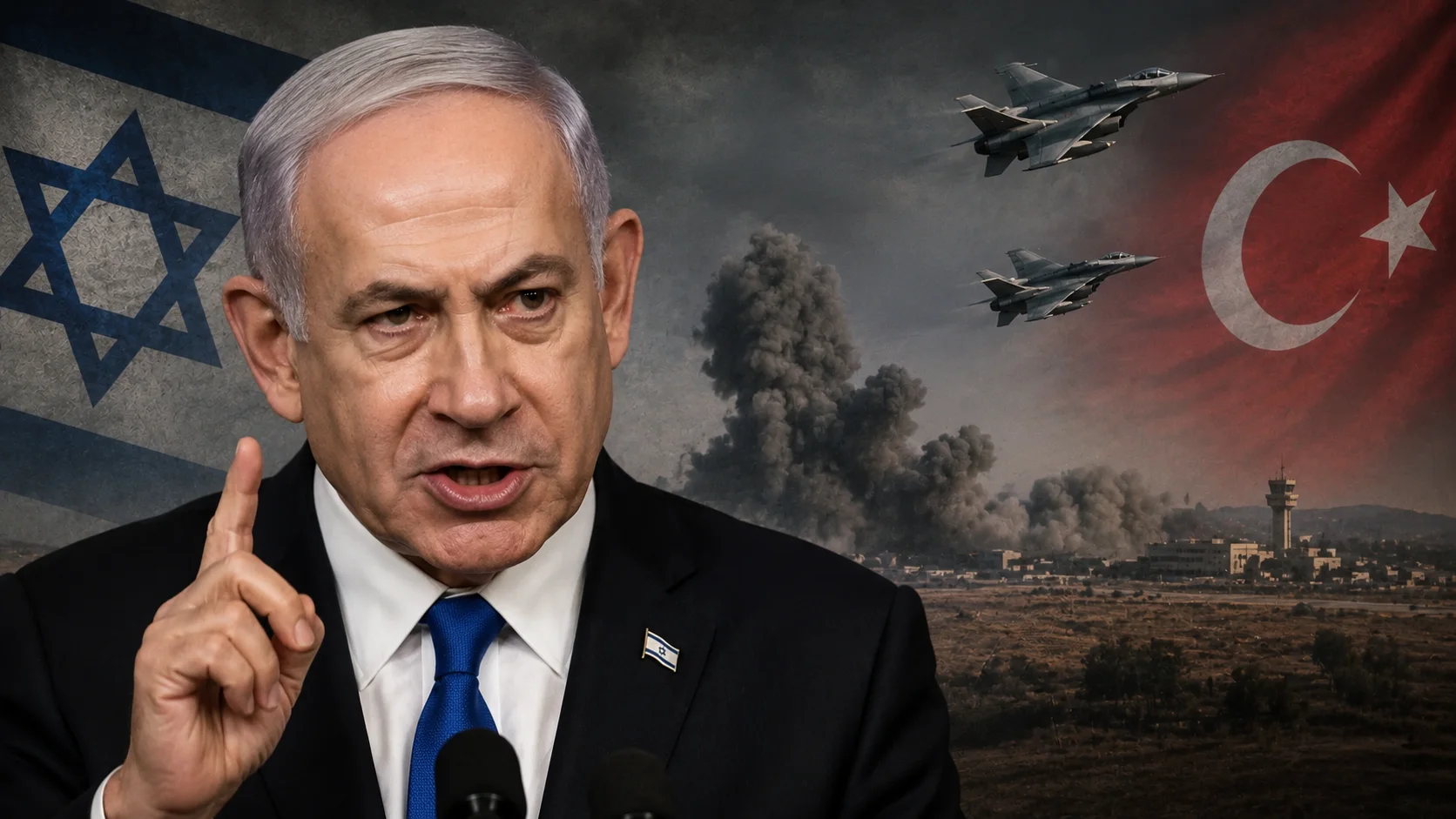 ראש הממשלה בנימין נתניהו על רקע דגלי ישראל וטורקיה ותקיפה בסוריה