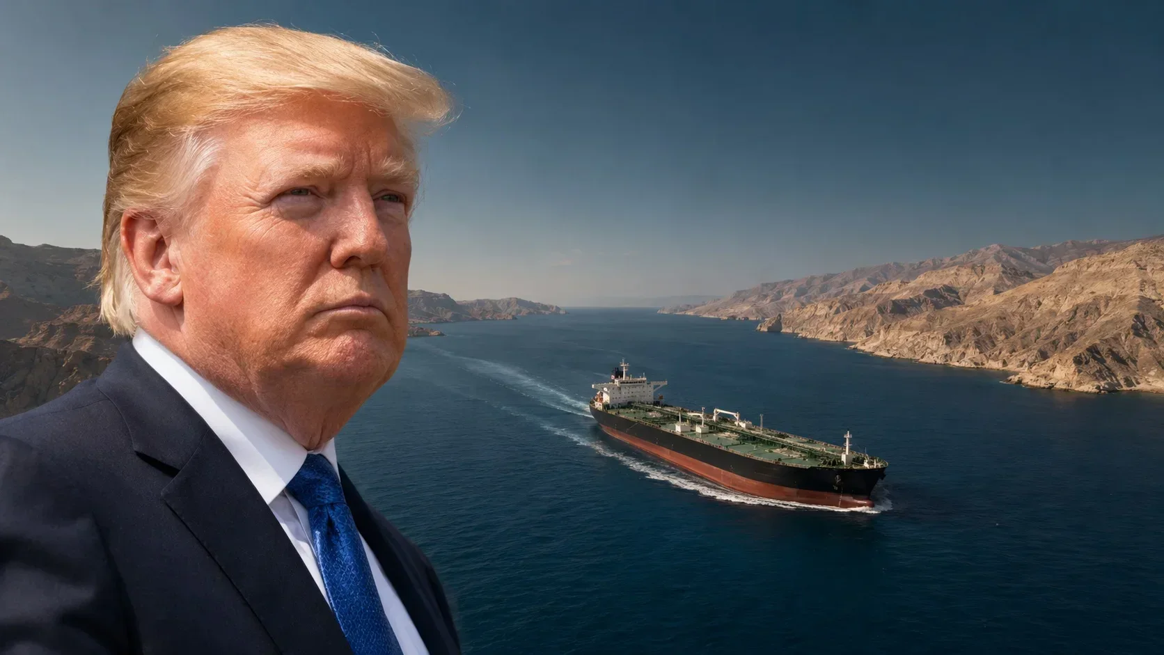 נשיא ארה"ב דונלד טראמפ על רקע מכלית נפט במצר הורמוז