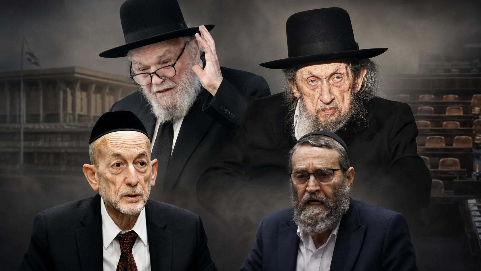גדולי התורה הגר"ד לנדו והגרמ"ה הירש, לצד חברי הכנסת משה גפני ואורי מקלב