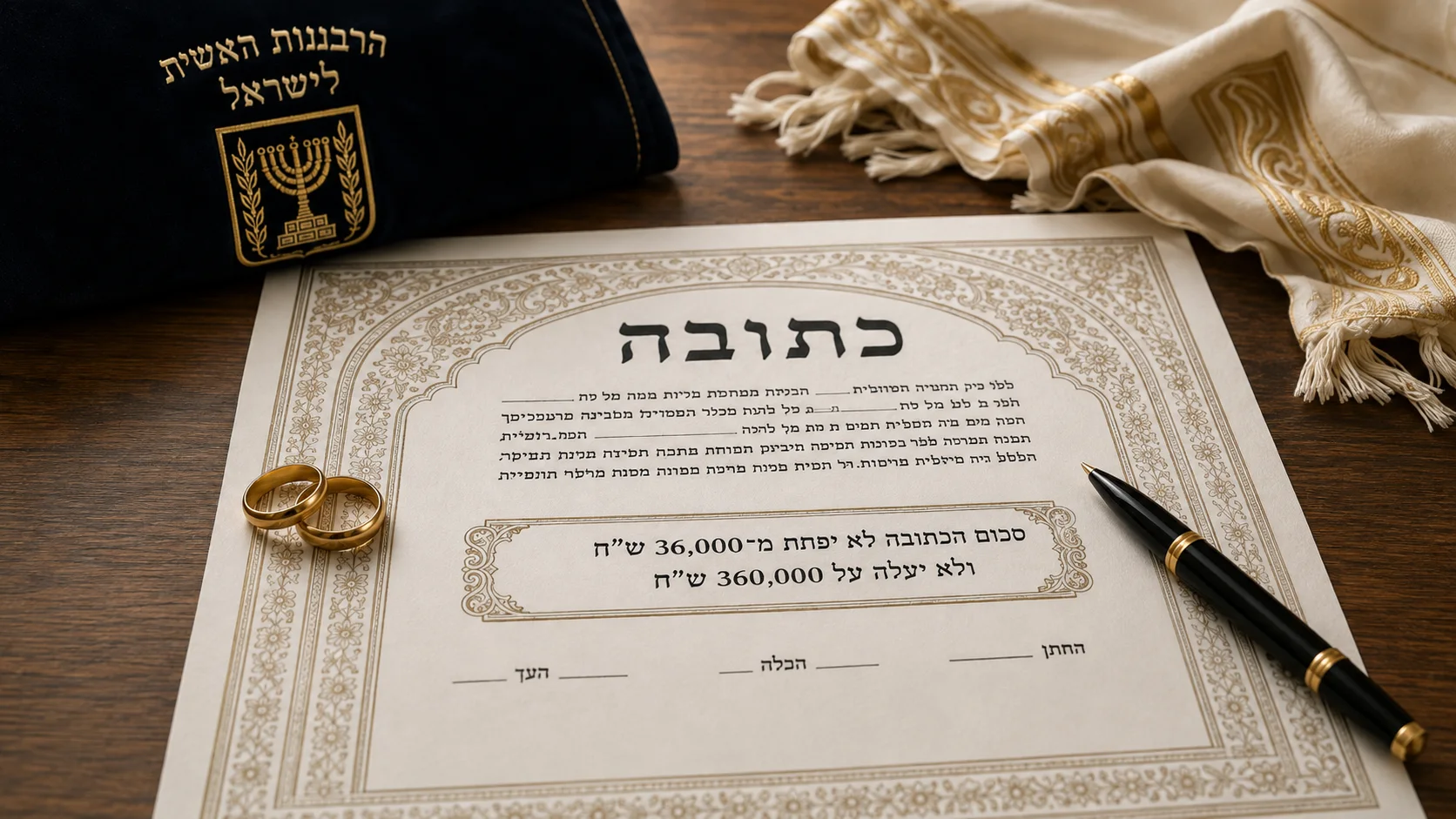 כתובה לצד טבעות נישואים וסמל הרבנות הראשית