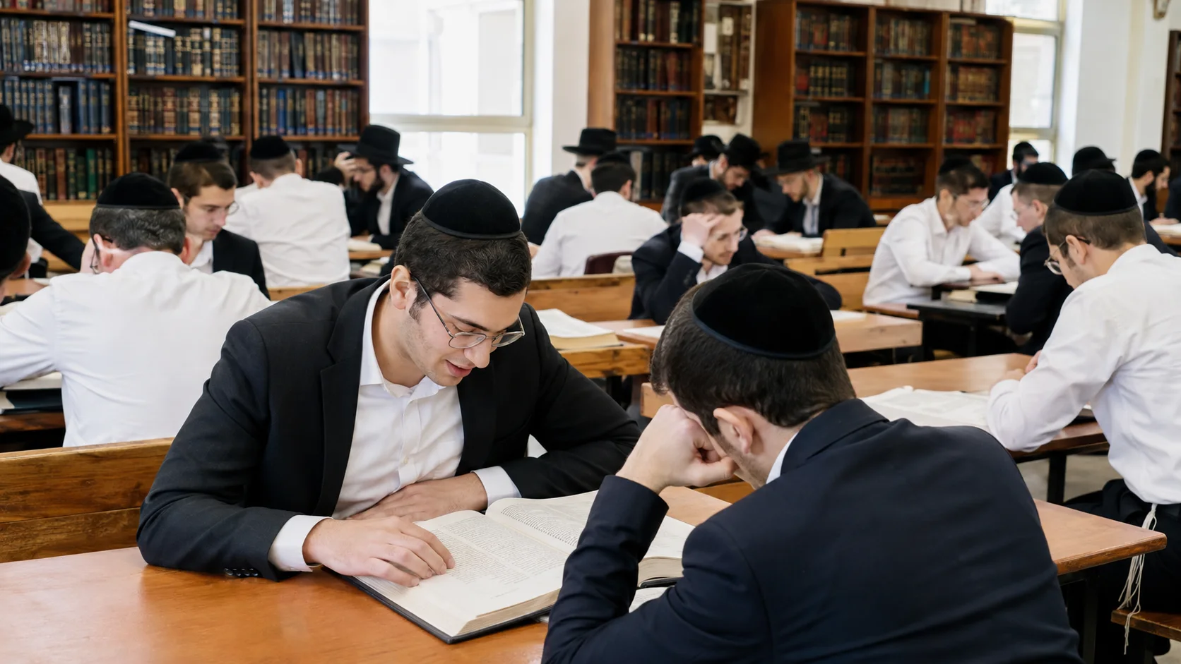 בחורי ישיבה לומדים בבית מדרש. תמונת המחשה